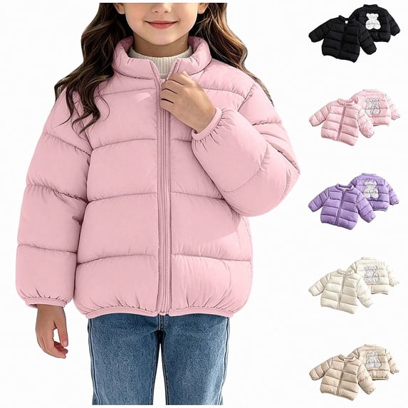 ITSAME Girls Quilted Puffer Jacket (1-8) Bear Graphic Zip Up Winter Warm Coat with Pockets Size 7
