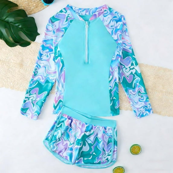 ITSAME Girls Rash Guard Swimsuits, with Zipper Colorful Print Long Sleeve Split Surfing Swimwear 2-Piece Light Blue 7T