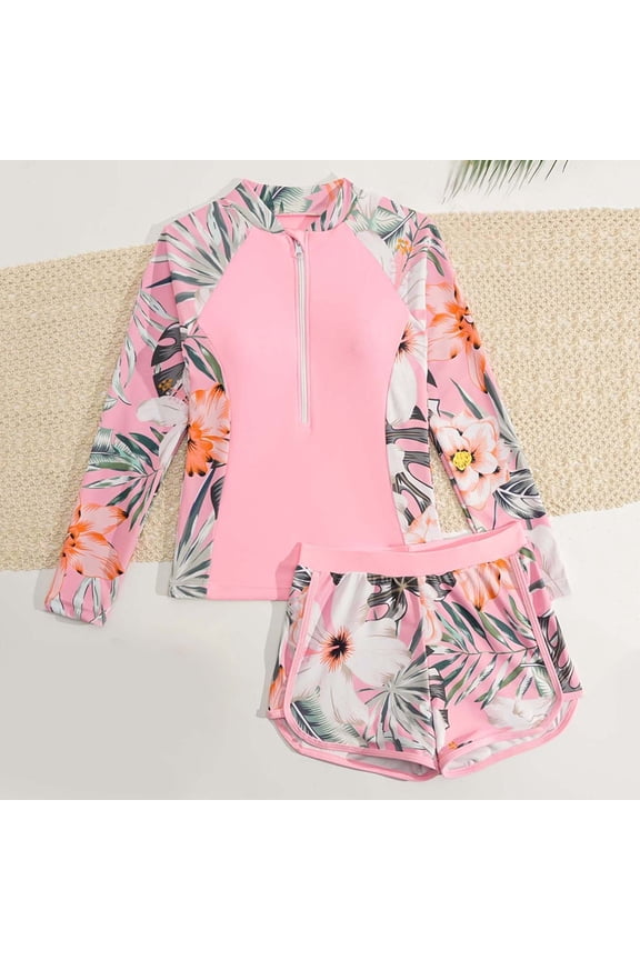 Girls Rash Guard Swimwear, Half Zip Top and Boyshorts 2-Piece Quick-Dry Beach Active Swimsuit Set Pink Size 7