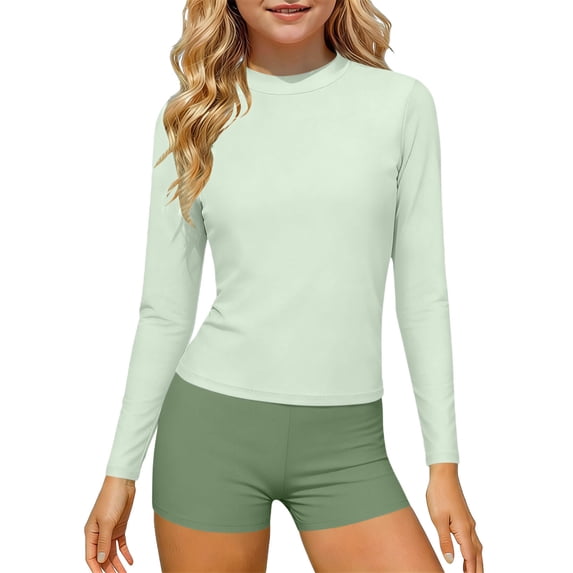 ITSAME Girls Rash Guard Swimwear Long Sleeve Tops and Boyshorts Quick-Dry Beach Swimsuit 2-Piece Mint Green Size 9-10