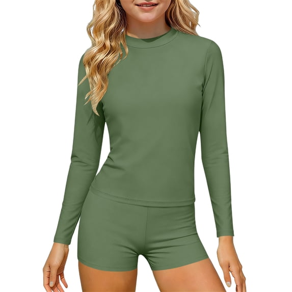 ITSAME Girls Rash Guard Swimwear Quick-Dry Long Sleeve Tops and Boyshorts Surfing Swimsuit 2-Piece Army Green Size 3-4