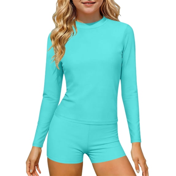 ITSAME Girls Rash Guard Swimwear Quick-Dry Long Sleeve Tops and Boyshorts Surfing Swimsuit 2-Piece Light Blue Size 5-6