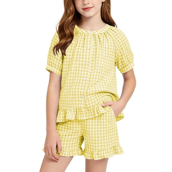 ITSAME Girls Ruffle Button Up Top and Shorts Set Plaid Print Summer Casual Outfits Yellow Size 5-6