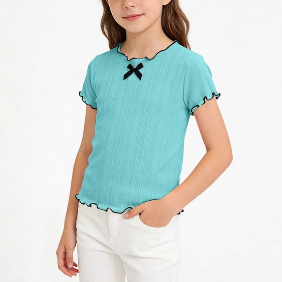 ITSAME Girls Ruffle T-Shirts Ribbed Knit Cute Bow Short Sleeve Tops Summer Fashion Casual Tees Blue Size 7-8