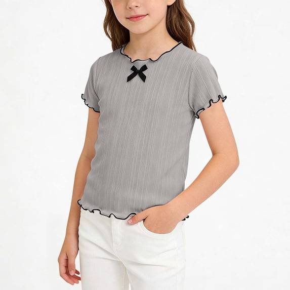 ITSAME Girls Ruffle T-Shirts Ribbed Knit Cute Bow Short Sleeve Tops Summer Fashion Casual Tees Gray Size 7-8