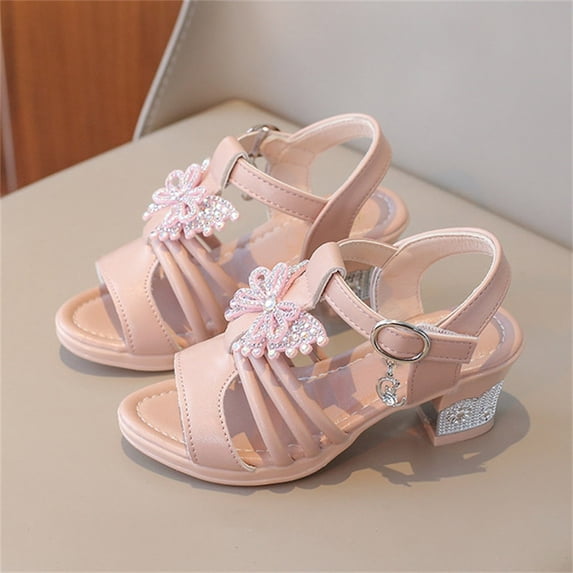 ITSAME Girls Sandals, Adjustable Strap Low Block Heel Open Toe Kids Fashion Party Princess Shoes Pink 13M(Little Kids)
