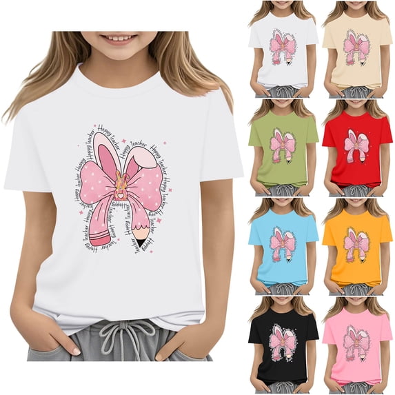ITSAME Girls School Season T-Shirt Loose Fit Crewneck Short Sleeve Kids Fashion Graphic Tee White Size 7 Years