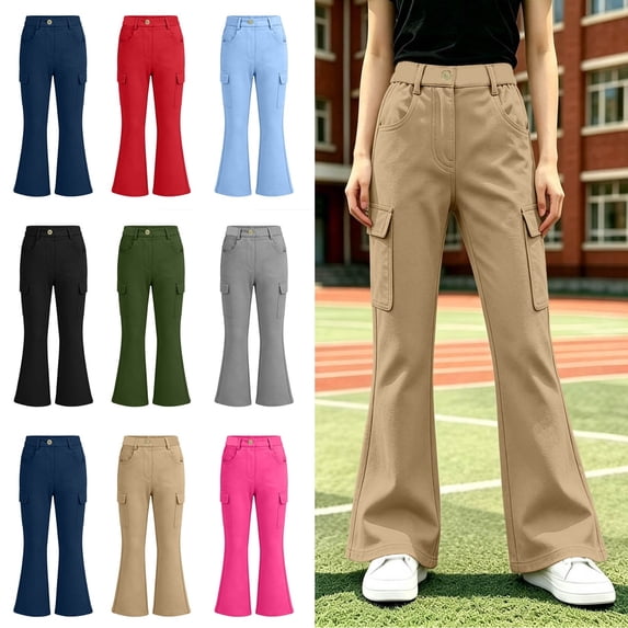 ITSAME Girls School Uniform Cargo Flared Pants Elastic Waist Multi-Pocket Versatile Fashion Casual Pants Red Size 6