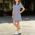 thumbnail image 1 of ITSAME Girls School Uniform Dress Striped Print Lapel Short Sleeve Kids Fashion Comfy Midi Dress Blue Size 3T, 1 of 6