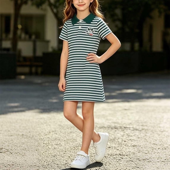 ITSAME Girls School Uniform Dress Striped Print Lapel Short Sleeve Kids Fashion Comfy Midi Dress Green Size 12M