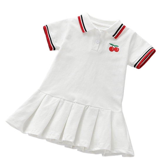 ITSAME Girls School Uniform Polo Dress Cotton Short Sleeve Summer Casual Pleated Dress White Size 3-4