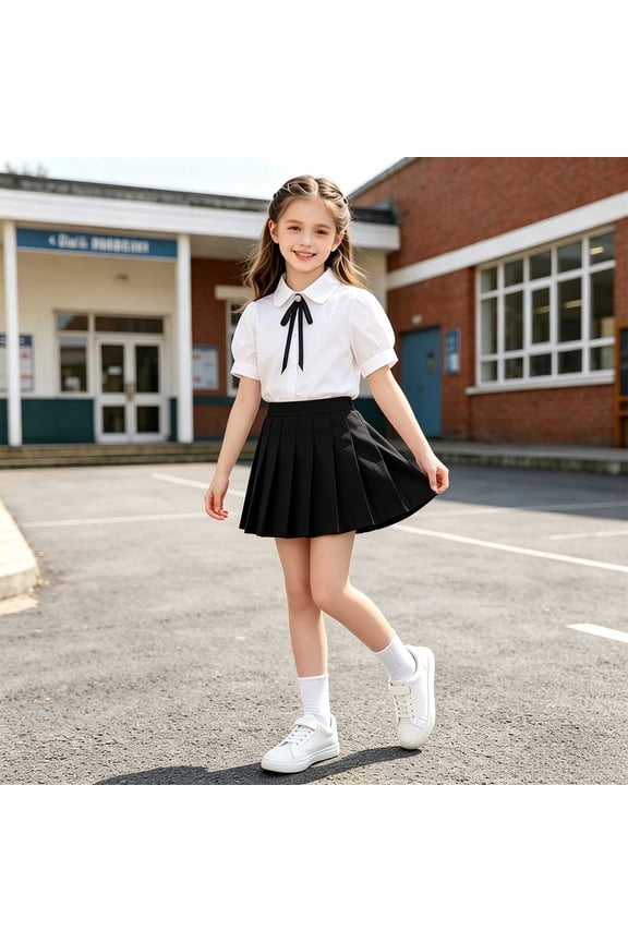 Girls School Uniform Set 2-Piece Lapel Shirt & Pleated Skirt with Tie Kids Fashion Outfits Black Size 12-13