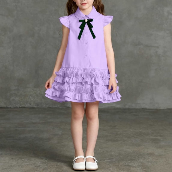ITSAME Girls Shirt Dresses, Button Up Lapel Sleeveless Kids Ruffle School Uniform Dress Purple 5-6T
