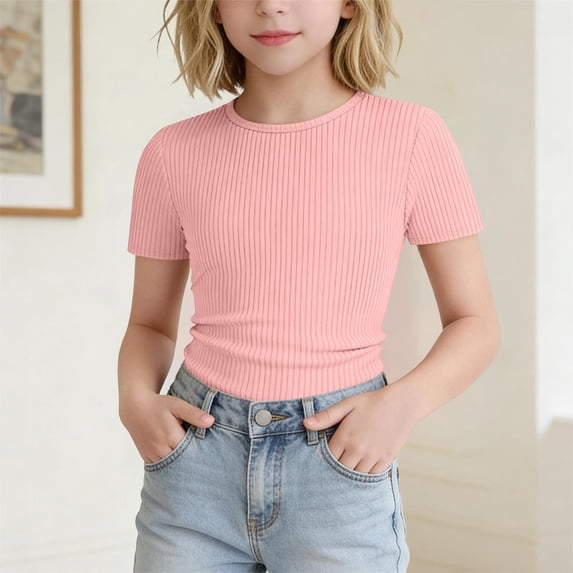 ITSAME Girls Short Sleeve Shirts Ribbed Knit Slim Fit Crewneck Tees Summer Basic Casual Tops Pink Size 5-6