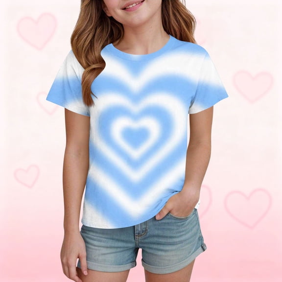 ITSAME Girls Short Sleeve Tees, Heart Graphic Crewneck Fashion T-shirt Valentine's Day T-Shirts Blue 13-14T