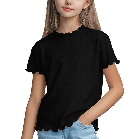 ITSAME Girls Short Sleeve Tees, Ruffles Round Neck Solid Color Fashion Casual Pullover Tees Black 2-3T