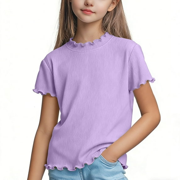 ITSAME Girls Short Sleeve Tees, Solid Color Ruffles Round Neck Fashion Casual Pullover Tees Purple 3-4T