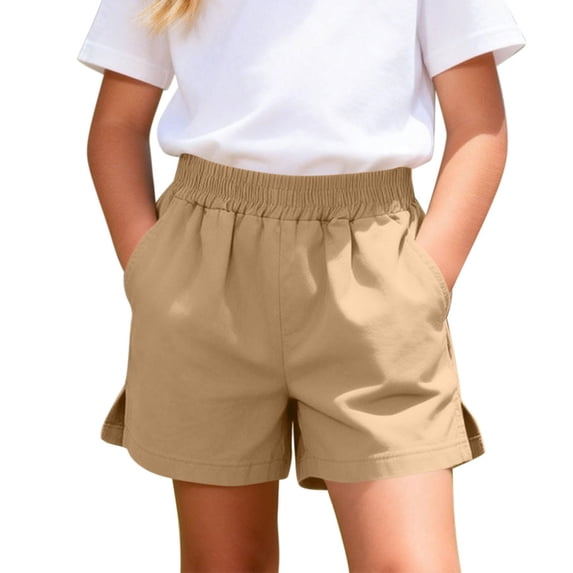 ITSAME Girls Shorts, Elastic Waist Loose Fit Cotton Linen Summer Casual Fashion Shorts with Pockets Khaki 10T