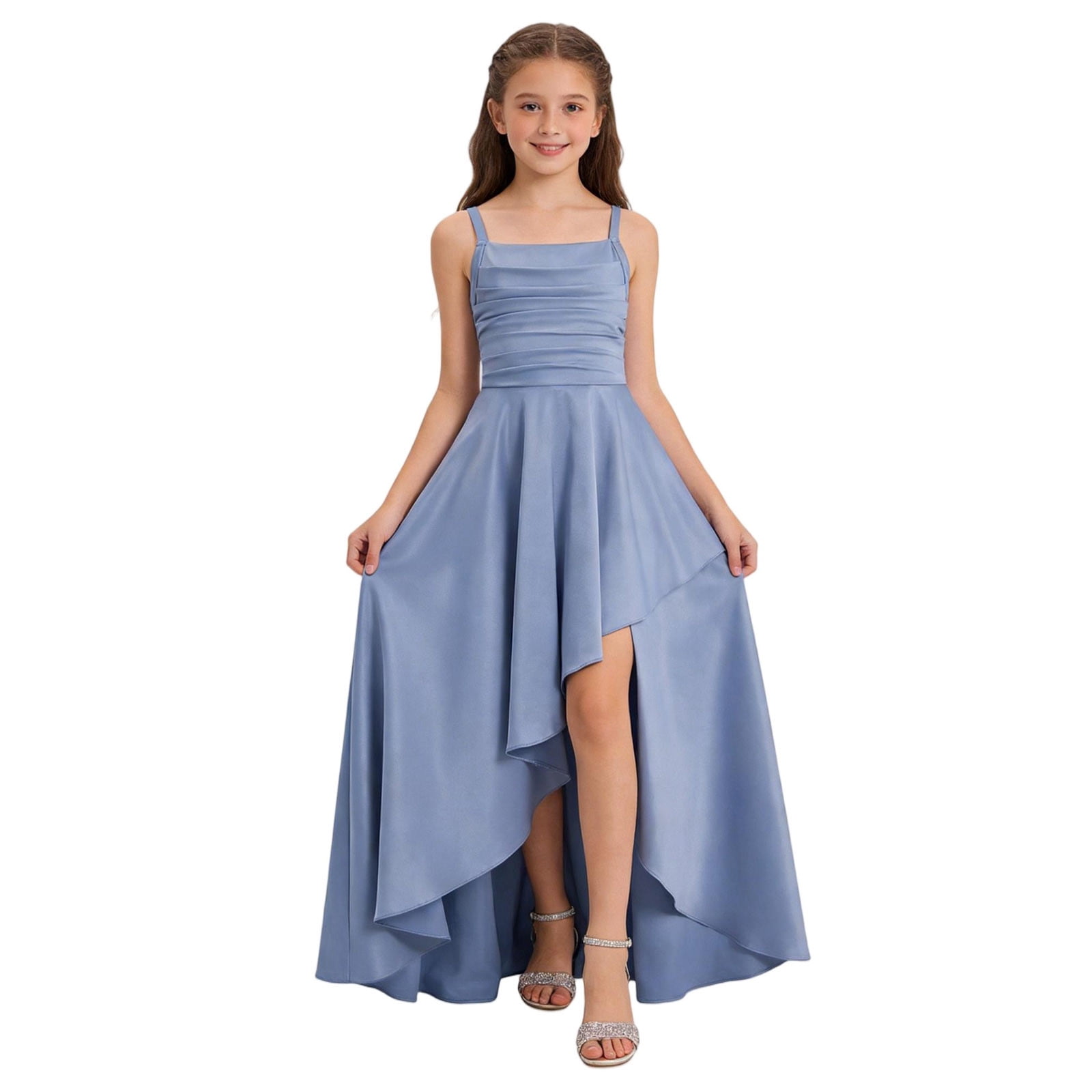 Itsame Girls Slip Dress, High-Low Hem Cinched Waist Square Neck Kids Wedding Party Pageant Prom Gown Blue 9-10t, Girl's