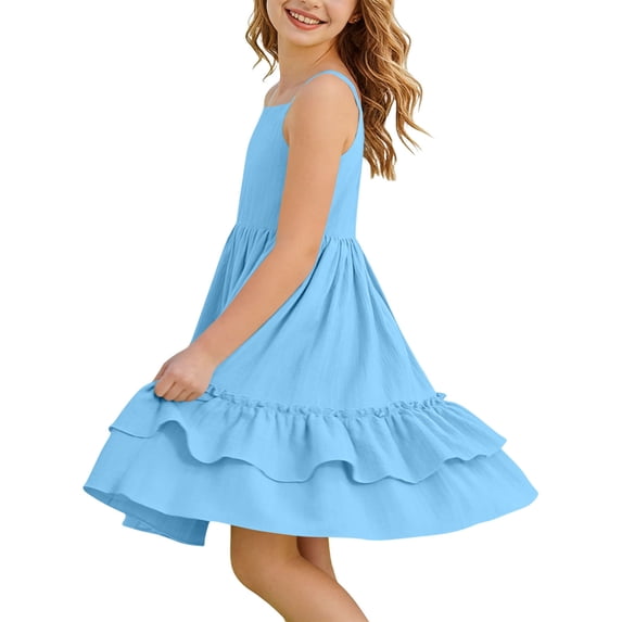 ITSAME Girls Slip Dress Tiered Ruffle A-Line Sleeveless Summer Fashion Midi Princess Dress Blue Size 12-13