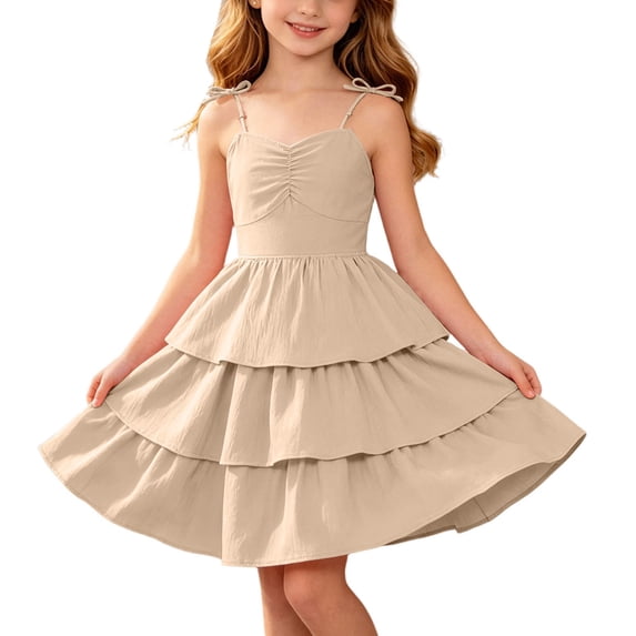 ITSAME Girls Slip Dresses Tiered Ruffle A-Line Sleeveless Summer Casual Tunic Dress Beige Size 13
