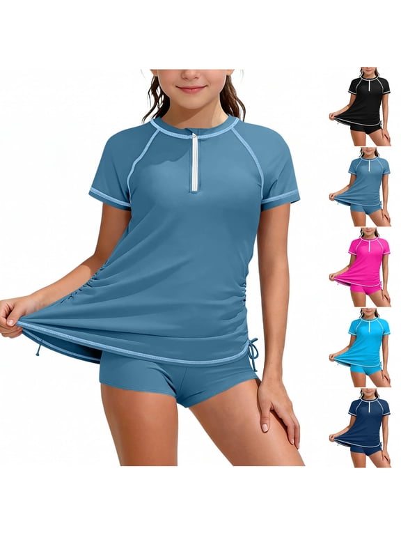 Girls Split Swimsuit, Short Sleeve Top and Boyshorts 2-Piece with Chest Pad Summer Quick-Dry Surfing Swimwear Set Black 7-8T