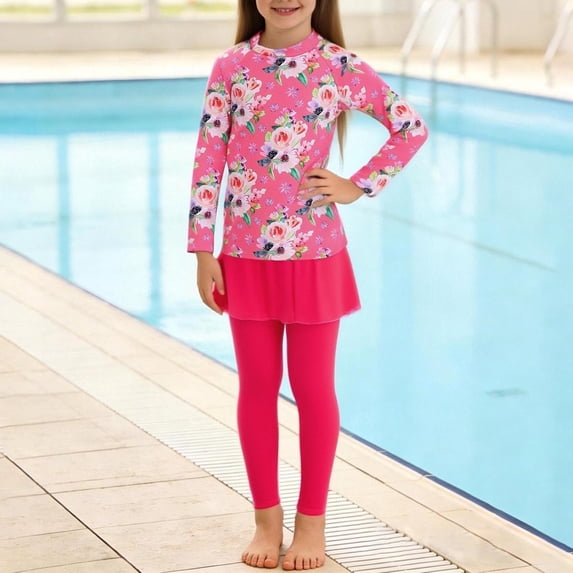 ITSAME Girls Split Swimwear 2-Piece, Sun Protection Comfortable Quick-Dry Lightweight Fashionable Swimsuit Set Hot Pink 9-11T