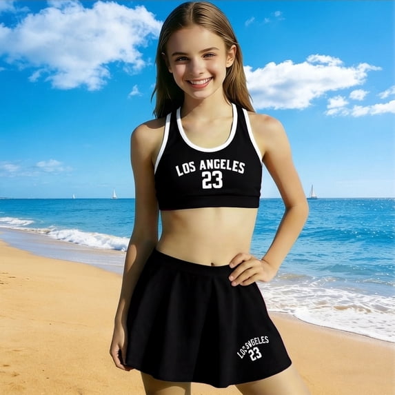 ITSAME Girls Split Swimwear Set, with Ruffled Skirts Quick-Dry Tankini Top and Bottom Summer Fashion Swimsuit 3-Piece Black 9-10T