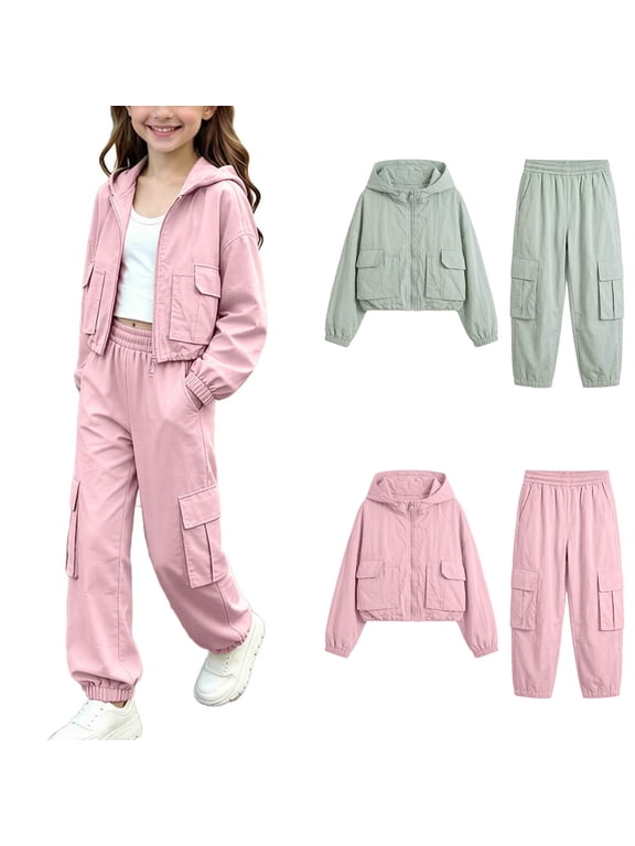 Girls Spring Fall Outfits 2-Piece Long Sleeve Hooded Zipper Cargo Jacket & Pants Kids Athletic Casual Set Pink Size 12