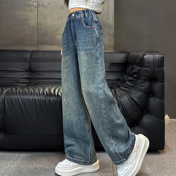 ITSAME Girls Straight Jeans, Elastic Waist Wide Leg with Pocket Casual Stylish Denim Pants Blue 14-15T