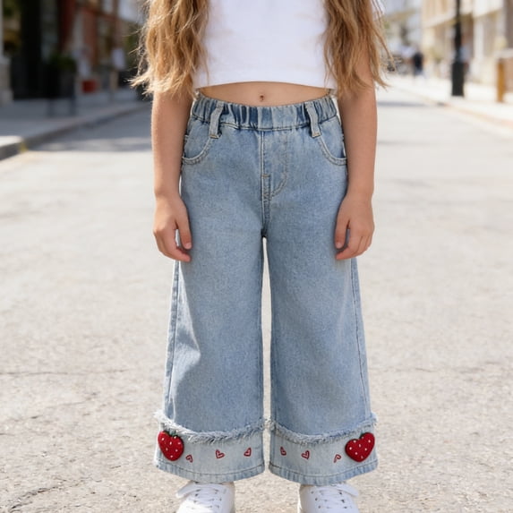 ITSAME Girls Straight Leg Jeans, Elastic Waist Cute Heart with Pockets Kids Loose Casual Denim Pants Blue Size 2