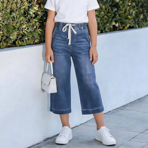 ITSAME Girls Straight Leg Jeans, Stretchy Waist Loose Fit Drawstring Casual Denim Capris with Pockets Blue Size 6-7