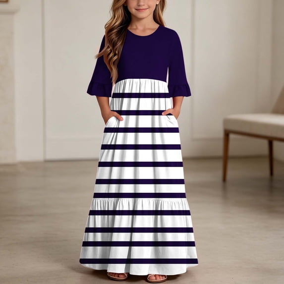 ITSAME Girls Striped Dress Ruffle 3/4 Sleeve A-Line Crew Neck Summer Fashion Flowy Dress Purple Size 5T