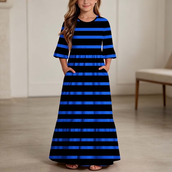 ITSAME Girls Striped Maxi Dress Ruffle Short Sleeve Round Neck Loose Fit Summer Comfy Casual A-Line Dress Blue Size 8