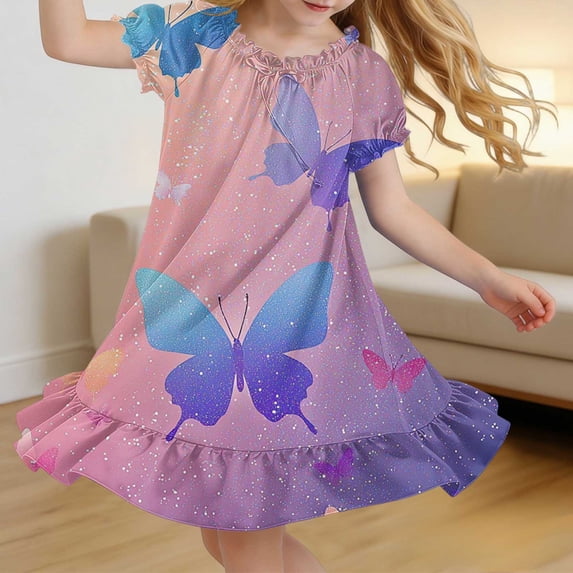 ITSAME Girls Summer Dress Loose Fit Ruffle Hem Puff Sleeve Fashion Casual Homewear Dress Multicolor Size 4-5
