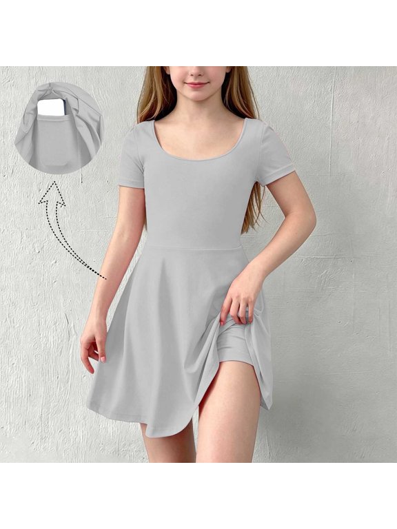 Girls Summer Dresses Anti-Exposure Scoop Neck Short Sleeve Kids Casual Active Tunic Dress Gray Size 11-12