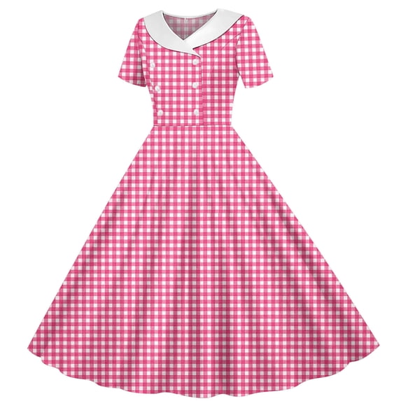 ITSAME Girls Summer Dresses Lapel Button Up Plaid Print Short Sleeve Kids Casual Tunic A-Line Dress Hot Pink Size 11-12