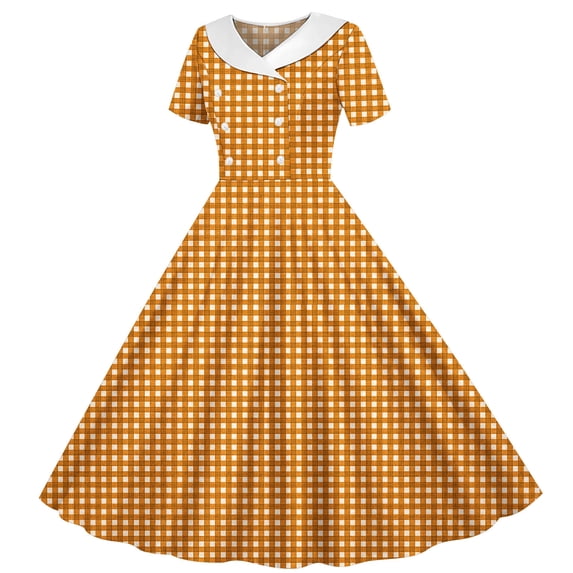 ITSAME Girls Summer Dresses Lapel Button Up Plaid Print Short Sleeve Kids Casual Tunic A-Line Dress Orange Size 12-13