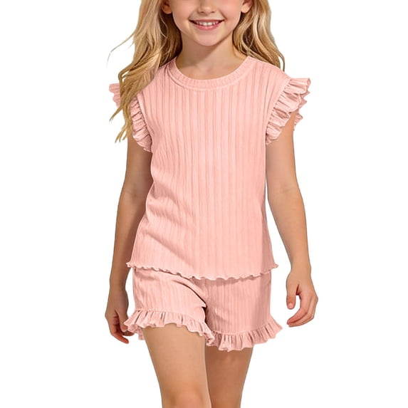 ITSAME Girls Summer Outfit 2-Piece Ruffle T-Shirt and Shorts Summer Casual Clothes Set Pink Size 5-6