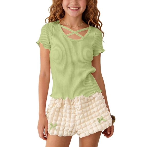 ITSAME Girls Summer Outfit Set Ribbed Ruffle Top & Shorts 2-Piece Kids Fashion Casual Set Green Size 8