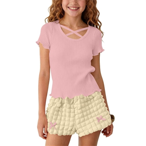 ITSAME Girls Summer Outfit Set Ribbed Ruffle Top & Shorts 2-Piece Kids Fashion Casual Set Pink Size 12M