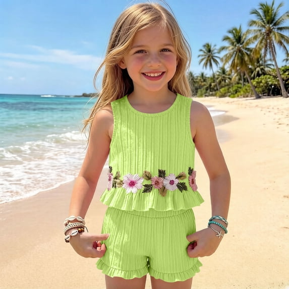 ITSAME Girls Summer Outfit Sets Flower Embroidery Ruffle Tank and Shorts Casual Clothes 2-Piece Green Size 8-9