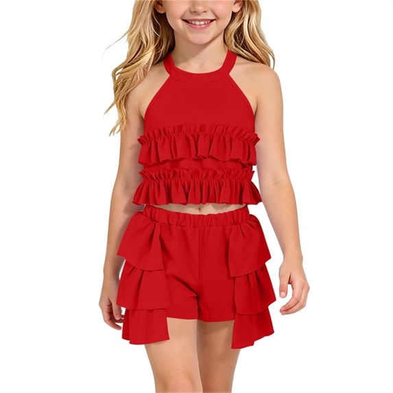 ITSAME Girls Summer Outfit Sets Ruffle Sleeveless Crop Top and Shorts Fashion Clothes 2-Piece Red Size 8-9