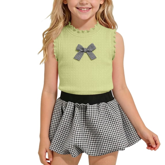 ITSAME Girls Summer Outfits 2-Piece Bow Ruffle Tank and Plaid Print Puffy Skirt Fashion Casual Clothes Set Green Size 8-9