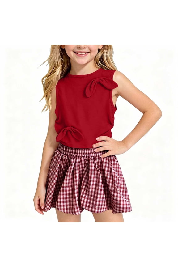 Girls Summer Outfits 2-Piece Bow Tank Top & Plaid Print Skorts Kids Fashion Casual Set Red Size 9