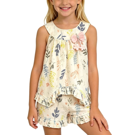 ITSAME Girls Summer Outfits 2-Piece Crewneck Ruffled Tank and Shorts Kids Casual Clothes Set Beige Size 4-5