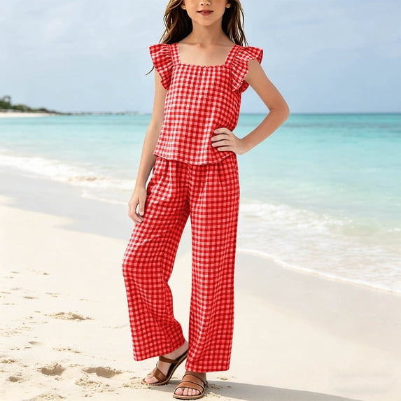 ITSAME Girls Summer Outfits 2-Piece Plaid Print Ruffle Fly Sleeve Top & Pants Kids Loose Casual Set Red Size 3-4Y
