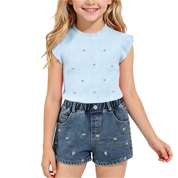 ITSAME Girls Summer Outfits 2-Piece Ruffle Sleeve Ribbed Top and Denim Shorts Casual Clothes Set Light Blue Size 7-8