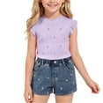 thumbnail image 1 of ITSAME Girls Summer Outfits 2-Piece Ruffle Sleeve Ribbed Top and Denim Shorts Casual Clothes Set Purple Size 3-4, 1 of 9