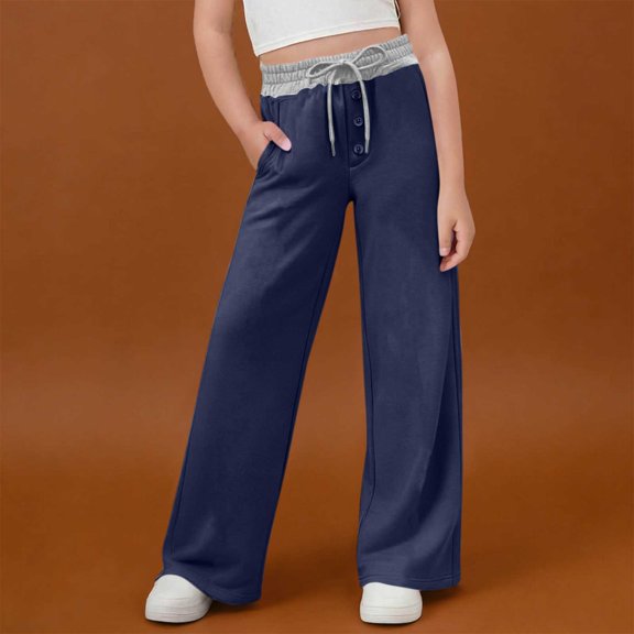 ITSAME Girls Sweatpants, Drawstring Elastic Waist Wide Leg Casual Active Pants Navy 3-4T